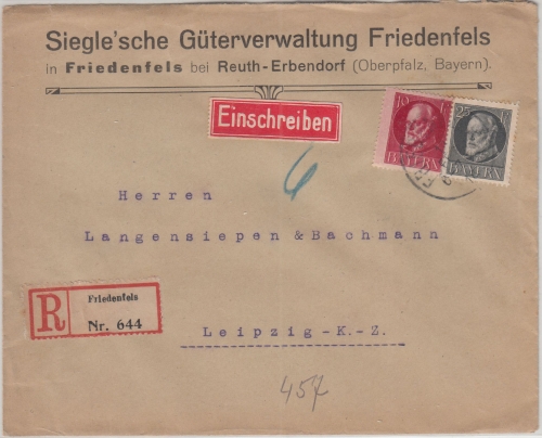 Bayern - 25+10 Pfg. Ludwig Einschreibebrief Friedenfels - Leipzig 1918