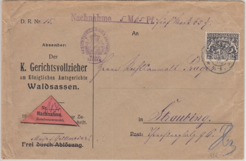 Bayern - 25 Pfg. Staatswappen Dienst-Nachnahmebrief Waldsassen - Straubing 1917