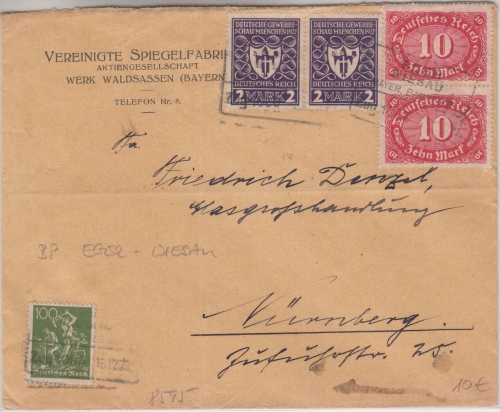 DR-Infla - Eger Wiesau Bayer. Bahnpost Zug 1836 Brief Waldsassen - Nürnberg 1922