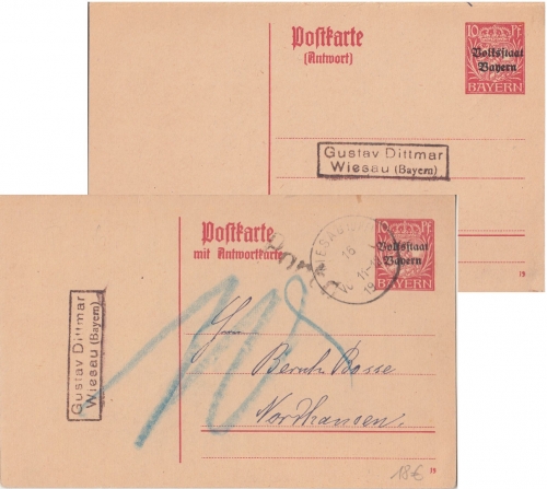 Bayern - 10/10 Pfg. Hupp/Volksstaat Ganzsache Doppelkarte Wiesau 1919 Nachporto