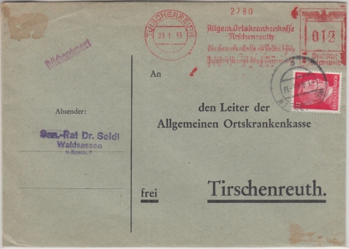 DR - Tirschenreuth 12 Pfg. AFS AOK Rückantwortkuvert+Zusatz Waldsassen 1943
