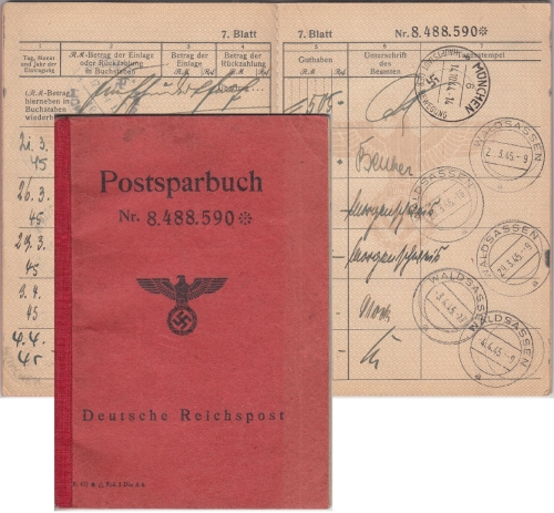 DR - München/Waldsassen Postsparbuch letzte Auszahlung Waldsassen 4.4.45