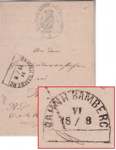 Bayern - Bahnh. Bamberg 18/8 Bahnpost-HKS Dienstbrief n. Burgellern 1865