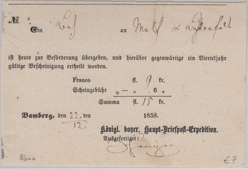 Bayern - Bamberg Haupt-Briefpost-Expedition Aufgabeschein 1858