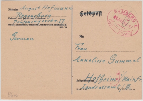 All.Bes. - Bamberg 1 8.10.45 Gebühr bezahlt Ovalstpl. Karte Regensburg - Hofheim