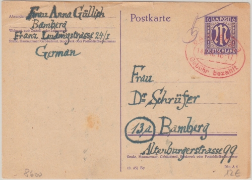 AM-Post 6 Pfg. Ganzsache/Gebühr bezahlt Teilbarfrankatur Ortskarte Bamberg 1946