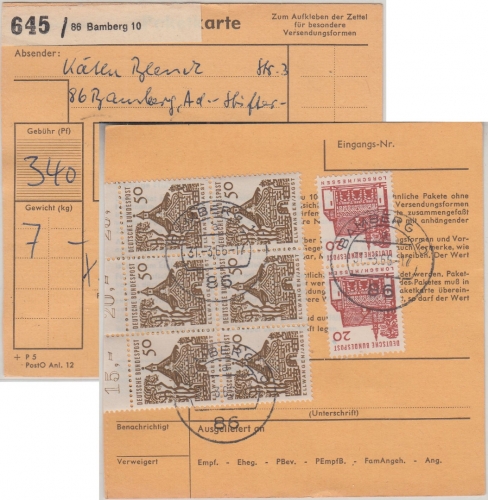 BRD - 6x50+2x20 Pfg. kl. Bauwerke Paketkarte Bamberg 10 - Niesky 1966