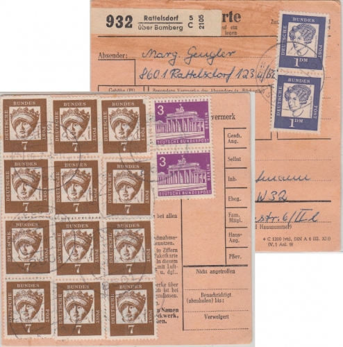 BRD - 12x7 Pfg. Bed. Deutsche u.a. Paketkarte Rattelsdorf ü. Bamberg 1964