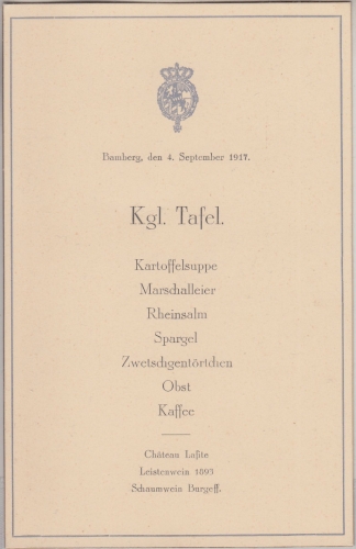 Bayern - Bamberg 4. September 1917 "Kgl. Tafel" Speisefolge Karte mit Goldkante