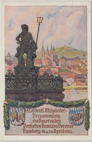 Bayern - Bamberg 18. Vers. verkehrs-Beamten-Verein 19./20.4.1913 farb. AK + SST