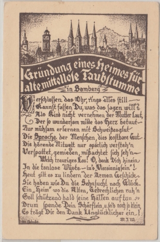 Bayern - Bamberg Gründung Heim f. mittellose Taubstumme Sonderkarte ca. 1920