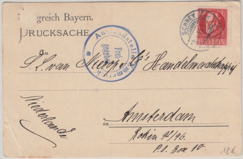 Bayern - 10 Pfg. Ludwig Zensurkarte n. HOLLAND Schney - Amsterdam 1915