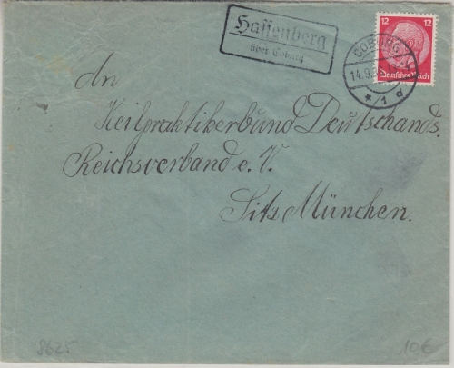 DR - Hassenberg ü. Coburg Landpost-Ra2 Brief n. München 1936