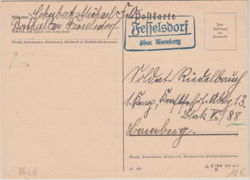 DR - Fesselsdorf ü. Bamberg Landpost-Ra2 Feldpostkarte n. Bamberg 1941