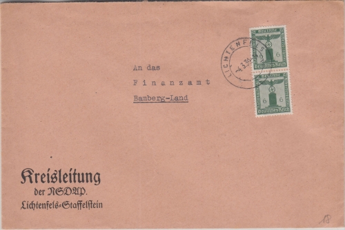 DR - 2x6 Pfg. Adler/Sockel Dienstbrief NSDAP Kreisleitung Lichtenfels Brief 1939