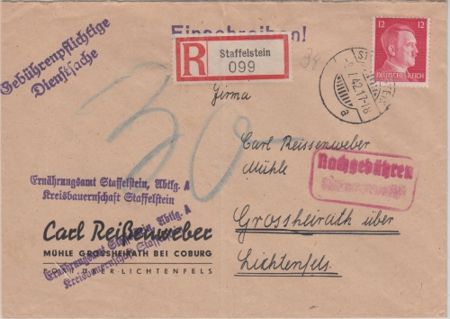 DR - 12 Pfg. AH Einschreibebrief Staffelstein - Großheirath 1942 Nachporto