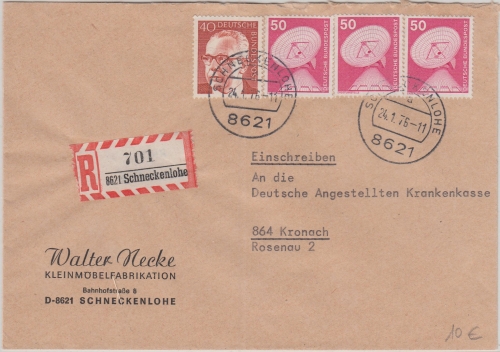 BRD - 3x50 Pfg. I&T u.a. Einschreibebrief Schneckenlohe - Kronach 1976