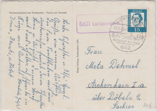BRD - 8621 Lettenreuth Poststelle I Lichtenfels Karte n. Aschershain 1963