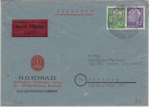 BRD - 10+70 Pfg. HeussI/II Eilbrief Lichtenfels - Bamberg 1959