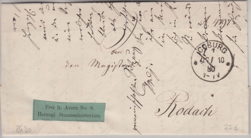 DR - Coburg 1880 Frei lt. Avers No.9 grüner Klebezettel Brief n. Rodach