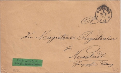 DR - Coburg 1892 Frei lt. Avers No.9 grüner Klebezettel Brief n. Neustadt
