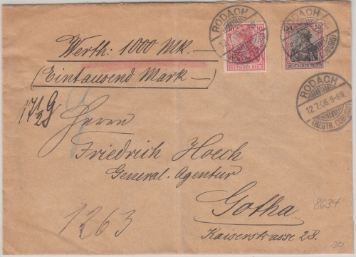 DR - 50+10 Pfg. Germania Wertbrief Rodach - Gotha 1906