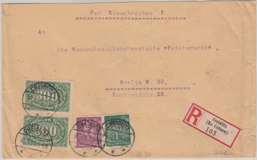 DR-Infla - 2x300 M. Queroval u.a. Einschreibebrief Creidlitz - Berlin 31.7.23