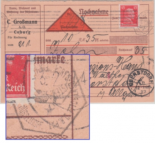 DR - 15 Pfg. Kant NN-Karte Coburg - Oberstdorf 1927 Portokontrolle Düsseldorf