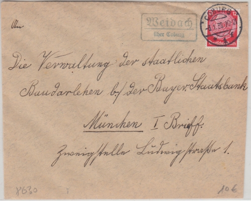 DR - Weidach ü. Coburg Landpost-Ra2 Brief n. München 1938