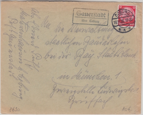 DR - Gauerstadt ü. Coburg Landpost-Ra2 Brief n. München 1936
