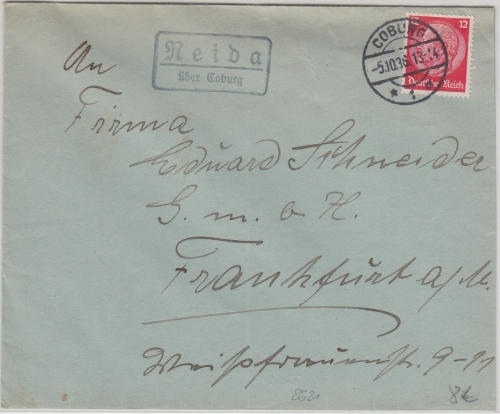 DR - Neida ü. Coburg Landpost-Ra2 Brief n. FFM 1936