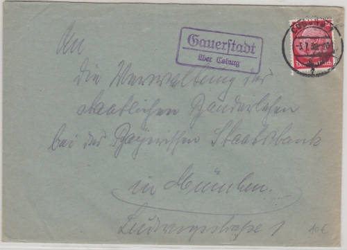 DR - Gauerstadt ü. Coburg Landpost-Ra2 Brief n. München 1939