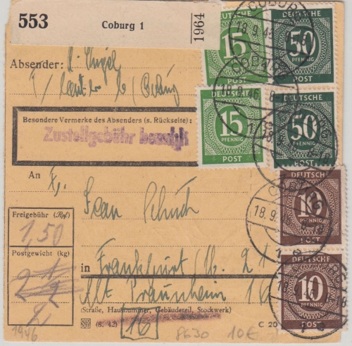 All.Bes./Kontrollrat - Coburg 1946 Paketkarte 1,50 M. Tarif n. Frankfurt a/M
