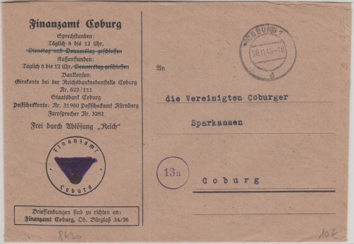 All.Bes. - Coburg 28.11.45 Ortsdienstbrief (Finanzamt) entnazifiziertes Kuvert