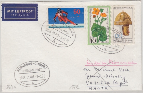 BRD - Nürnberg Coburg Überlandpost 0863 01/07 Luftpostbrief n. MALTA 1978