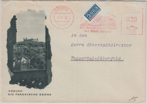 BRD - Coburg 1952 20 Pfg. AFS "Der Oberbürgermeister" illustriertes Kuvert