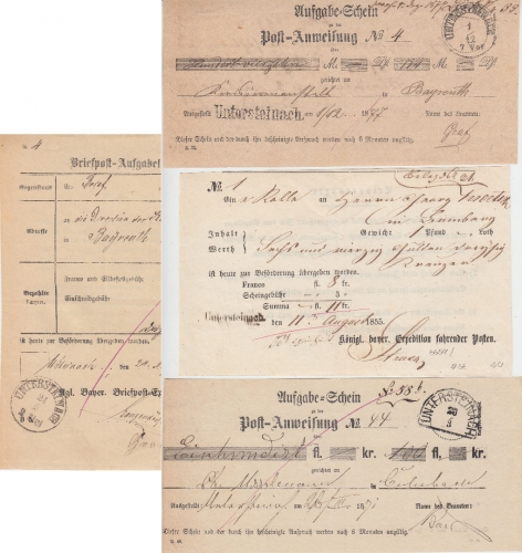 Bayern - Untersteinach 4 versch. Aufgabescheine m. versch. Stpl. ex 1855/77
