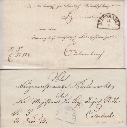 Bayern - Neuenmarkt HKS Blau/Schwarz 2 Dienstbriefe n. Kulmbach 1861 + undat.