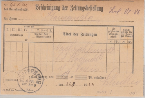 DR-Infla - Kupferberg 1922 K1 Bescheinigung d. Zeitungsbestellung