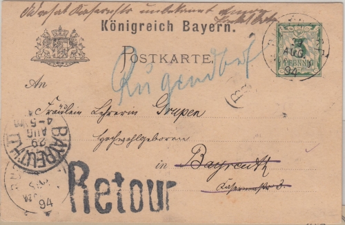 Bayern - Rugendorf 29. AUG 94 K1 Ganzsache n. Bayreuth - großer L1 Retour