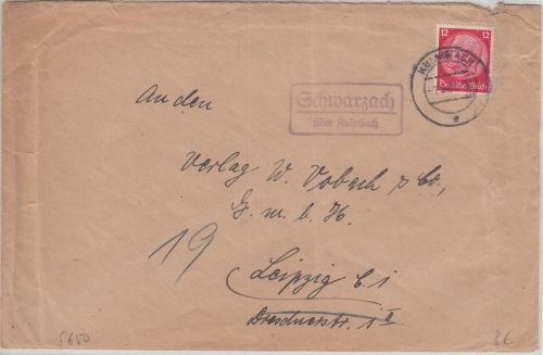 DR - Schwarzach ü. Kulmbach Landpost-Ra2 Brief n. Leipzig 1938