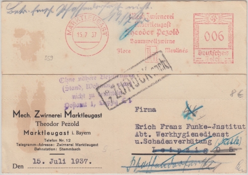 DR - Marktleugast 1937 6 Pfg. AFS Zwirnerei Karte n. Leipzig - Retour-L4