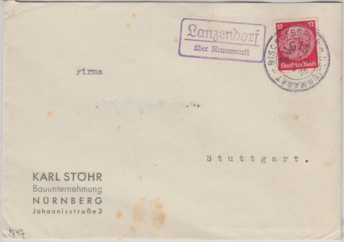 DR - Lanzendorf ü. Neuenmarkt Landpost-Ra2 + Bahnpost Brief n. Stuttgart 1936