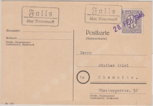 AM-Post - Falls ü. Neuenmarkt + Datum-L1 28. FEB 1946 Drucksache n. Chemnitz