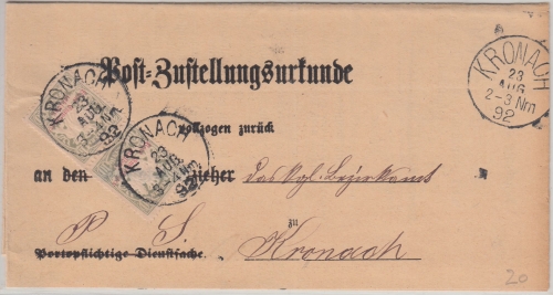 Bayern - 2x10 Pfg. Wappen/Porto Ortszustellurkunde Kronach 1892