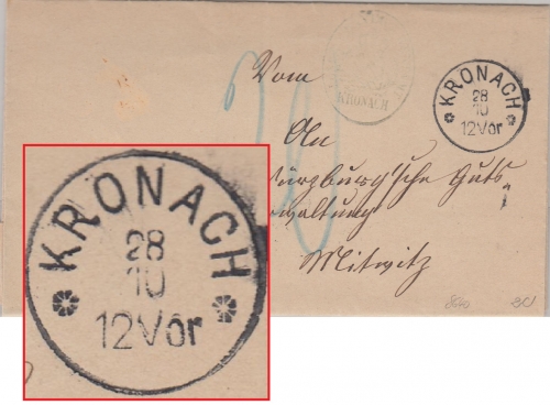 Bayern - Kronach 28/10 K1 (Sonderform) unfrank. Brief n. Mitwitz 1882 Nachporto