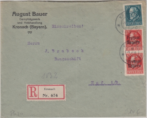 Bayern - 20 Pfg. Ludwig u.a. Einschreibebrief Kronach - Hof 8. APR 20