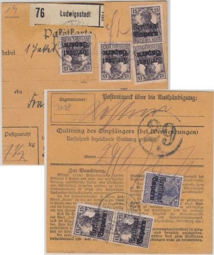 Bayern - 6x15+20 Pfg. Germania/Freistaat Paketkarte Ludwigsstadt - Nürnberg 1920