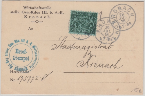 Bayern - 7 1/2 Pfg. Stattswappen Ortskarte/Militaria Kronach 1918