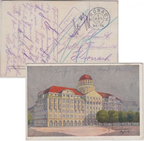 Bayern - Kronach 1914 unfrank. Ortskarte Ra3 Portokontrolle